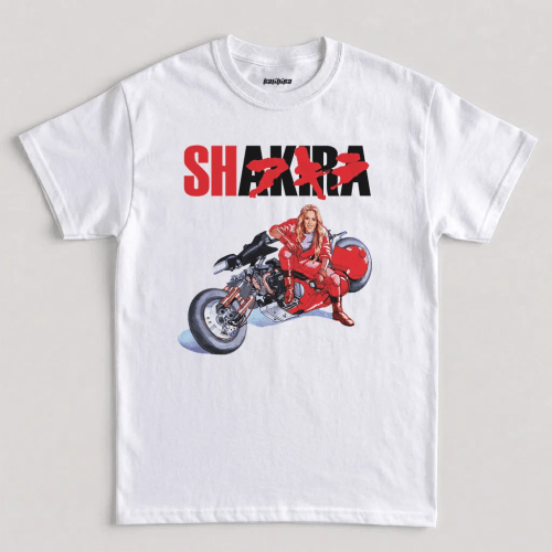 Shakira Akira funny graphic t-shirt featuring Shakira posed on Akira anime motorcycle parody design on white cotton tee