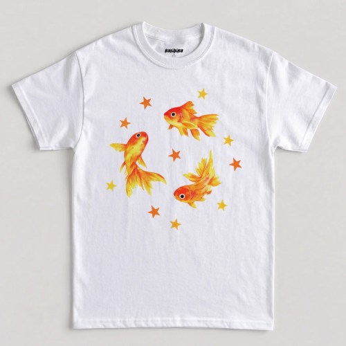 White goldfish shirt, three orange watercolor fish and scattered stars cute whimsical aesthetic graphic tee
