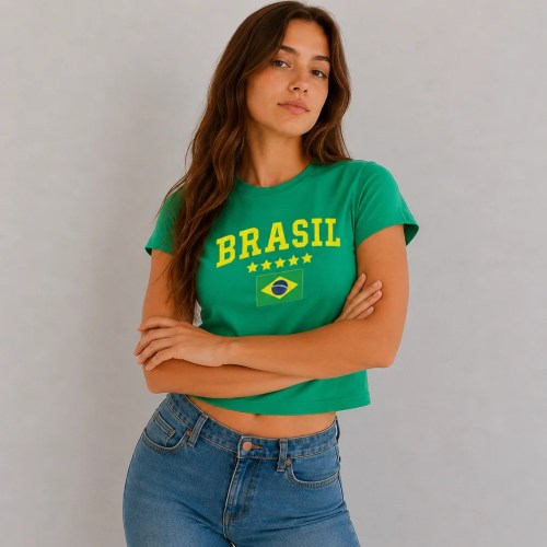 Woman Wearing Brasil women's baby tee vintage Y2K Brazil soccer shirt irish green