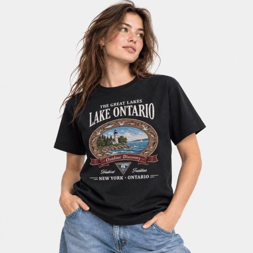 Woman Wearing Lake Ontario T Shirt, Vintage Great Lakes Graphic Tee