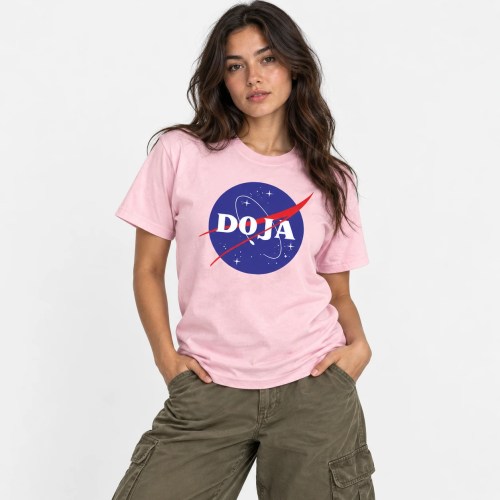 Woman Wearing Light Pink Doja Cat NASA T-Shirt