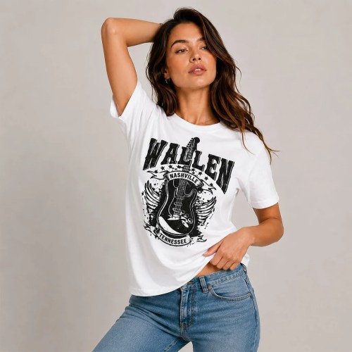 Woman Wearing Wallen Nashville Tennessee Graphic T-Shirt, Still The Problem Tour 2026 Fan Tee in White 3