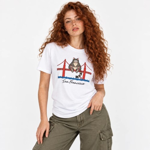 Woman Wearing White San Francisco Cat T-Shirt, Project Hail Mary Tee