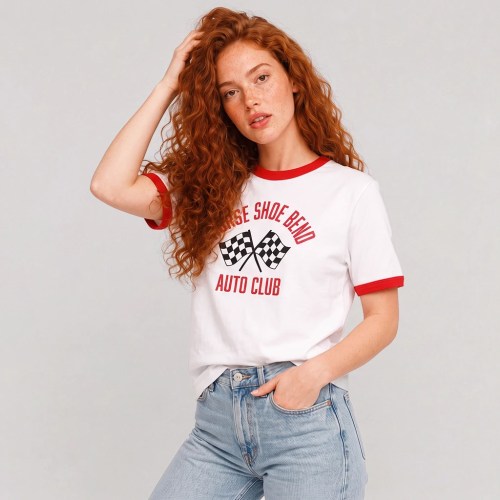 Woman Wearing White and red ringer Horse Shoe Bend Auto Club shirt featuring crossed checkered racing flags and retro auto club typography
