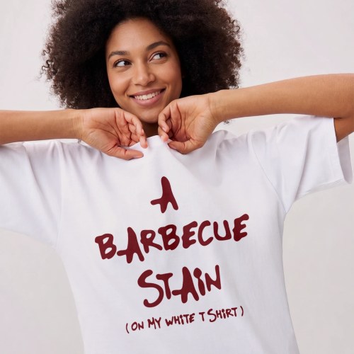 Woman wearing a Barbecue Stain On My White T-Shirt funny BBQ country music tee Woman wearing a Barbecue Stain On My White T-Shirt funny BBQ country music tee