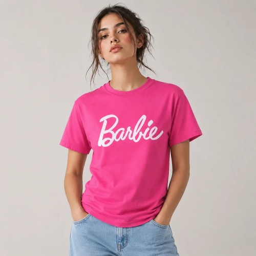 Women Wearing Hot Pink Barbie T-Shirt 2