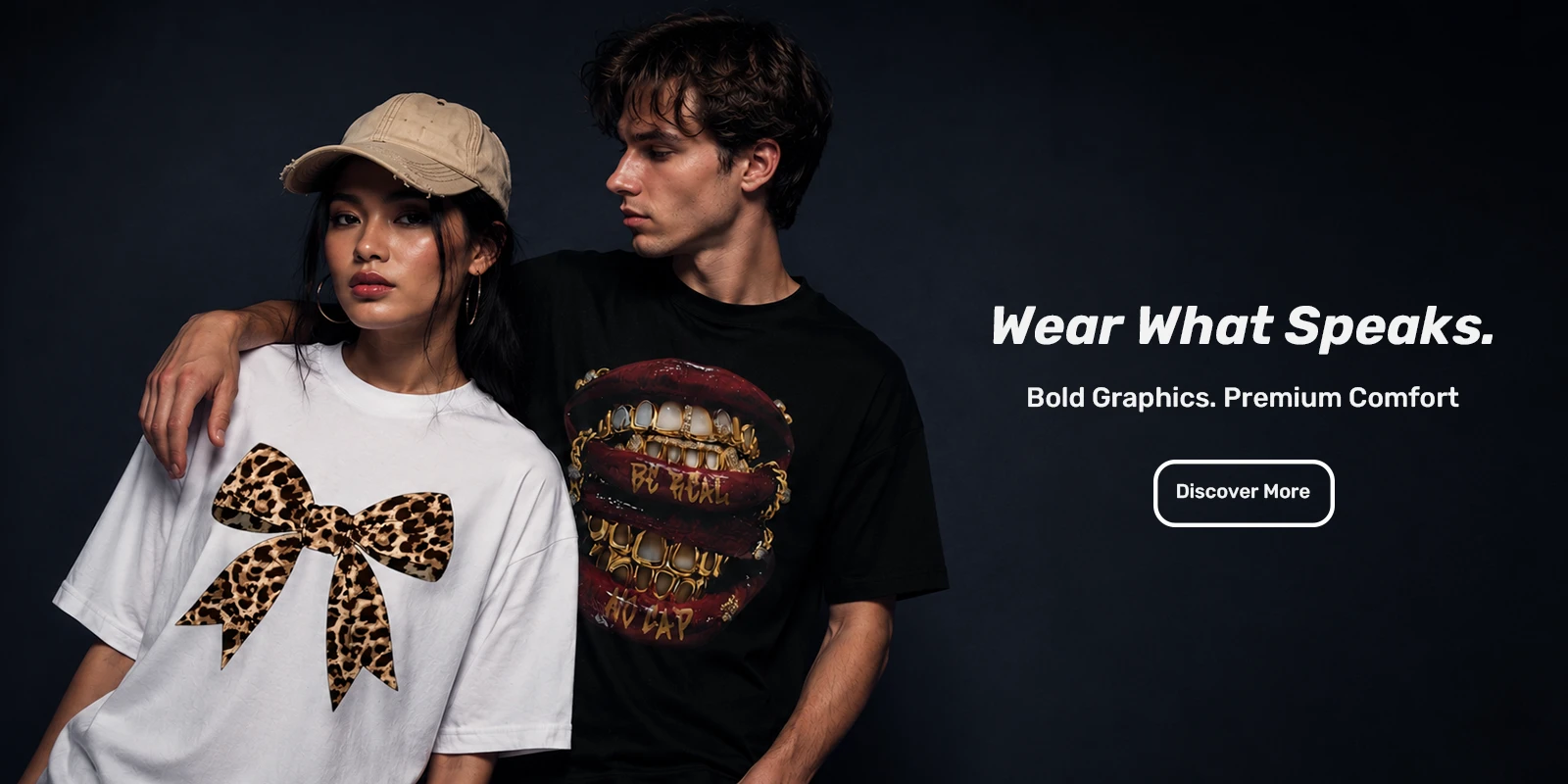 Man and woman wearing graphic T-shirts from the Kalivira collection.