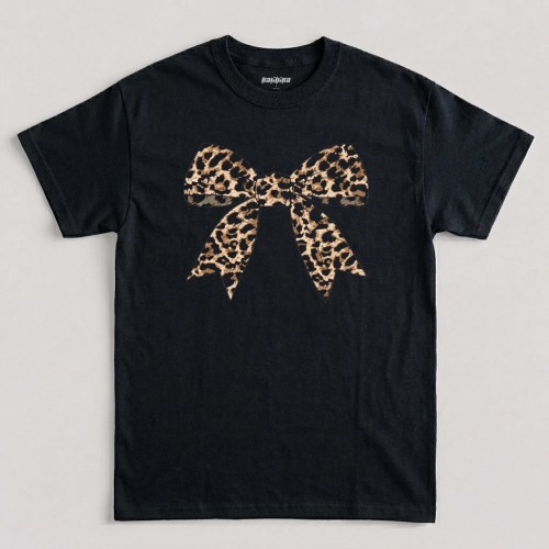 Black leopard bow shirt featuring a leopard print bow graphic in a trendy coquette style