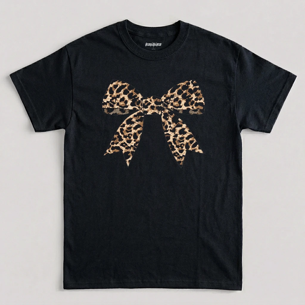Black leopard bow shirt featuring a leopard print bow graphic in a trendy coquette style