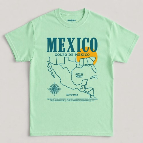 Mint Green Gulf of Mexico Shirt featuring a Mexico map, Golfo de México typography, compass graphic, and vintage geographic design