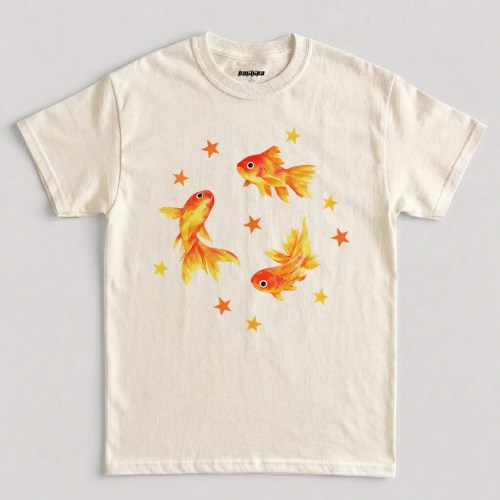 natural goldfish shirt, three orange watercolor fish and scattered stars cute whimsical aesthetic graphic tee
