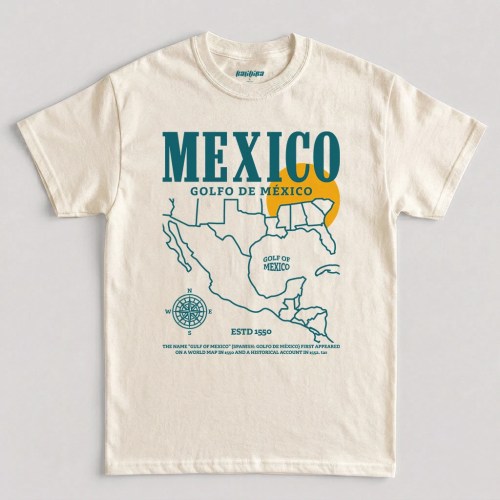 Natural Gulf of Mexico Shirt featuring a Mexico map, Golfo de México typography, compass graphic, and vintage geographic design